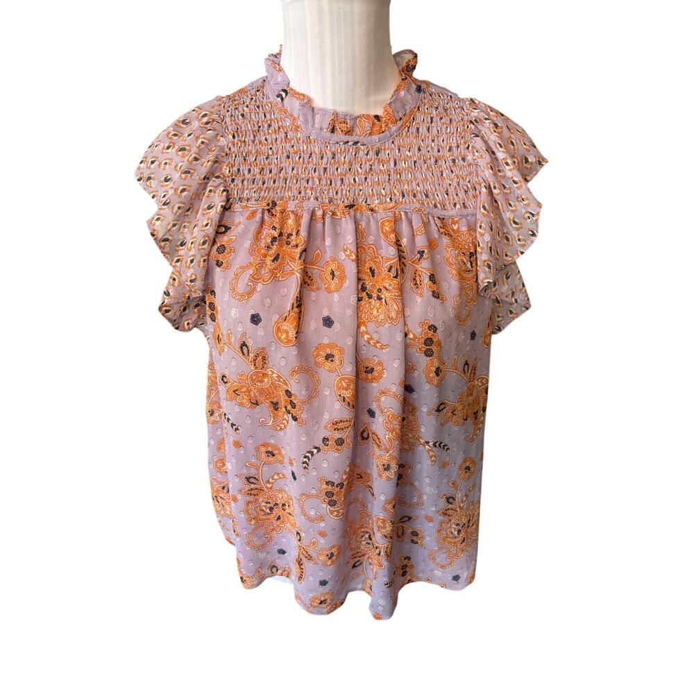 Maison d'Amelie Purple & Orange Floral Blouse Flutter Sleeve Size S